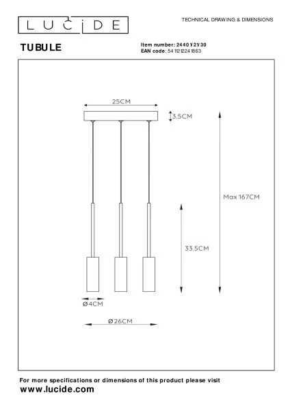 Lucide TUBULE - Hanglamp - Ø 26 cm - LED - 3x7W 2700K - Zwart - technisch